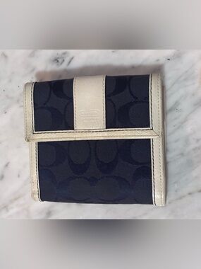 Coach Navy Signature Compact Wallet with Cream Trim and Logo Tab